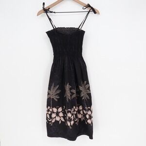 Vintage Made in Hawaii Black Tropical Palm Hibiscus Smocked Sun Dress Large L